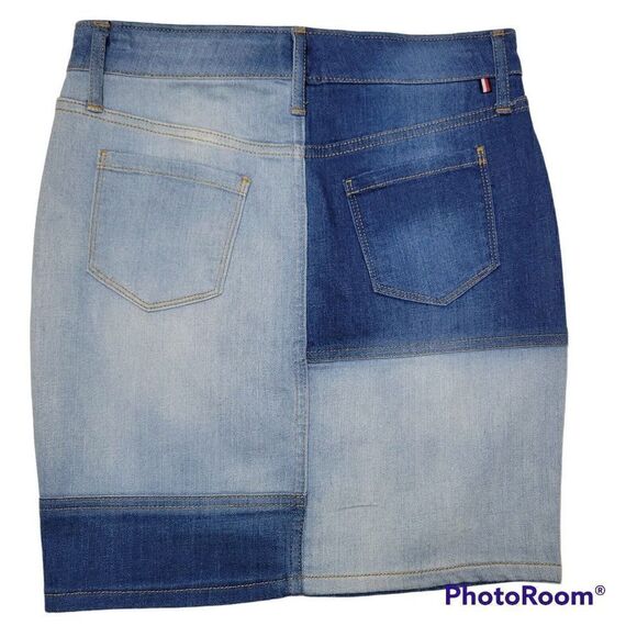 Tommy Hilfiger Jean Skirt Womens Size 2 Patchwork Denim Pockets Logo NWT - Picture 4 of 12